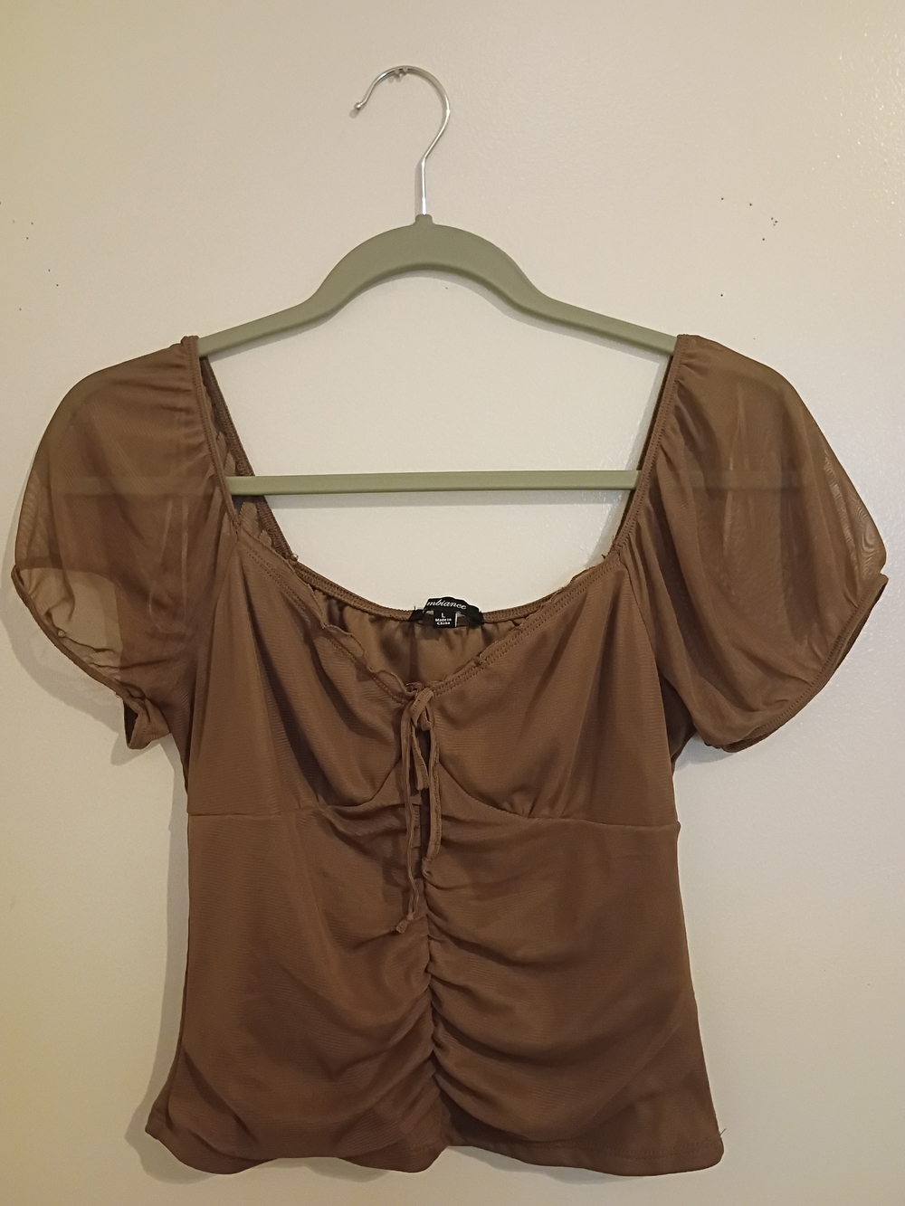 Ambiance Brown Sheer Puff-Sleeve Ruched Tie-Front Top Sz L